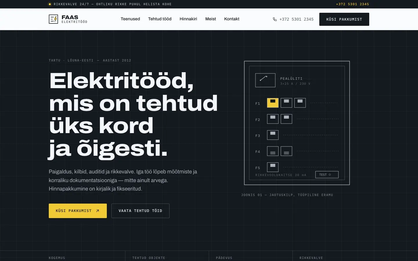 Faas Elektritööd kontseptsiooni avaleht: tume skeemivõrk, suur pealkiri ja jaotuskilbi joonis.