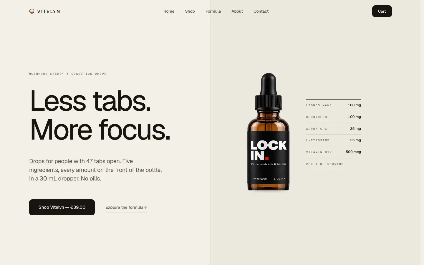 Vitelyn LOCK IN. e-poe avaleht: pealkiri „Less tabs. More focus.“ soojal paberivalgel taustal.